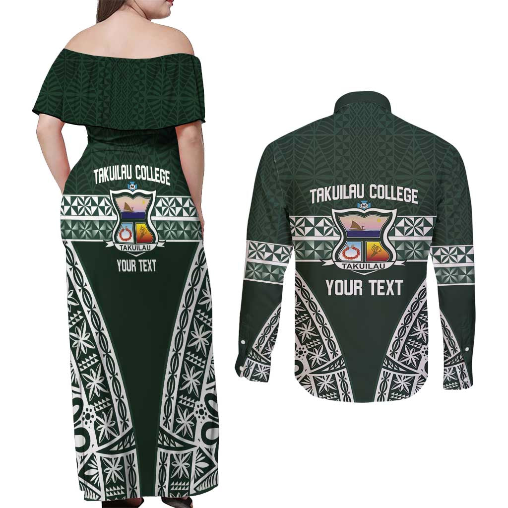 Personalised Tonga Takuilau College Couples Matching Off Shoulder Maxi Dress and Long Sleeve Button Shirt 50th Anniversary Ngatu Kupesi LT14 - Polynesian Pride
