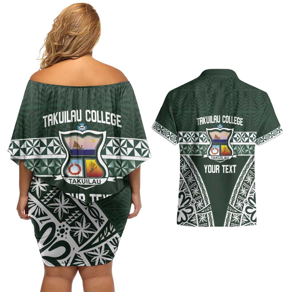 Personalised Tonga Takuilau College Couples Matching Off Shoulder Short Dress and Hawaiian Shirt 50th Anniversary Ngatu Kupesi LT14 - Polynesian Pride