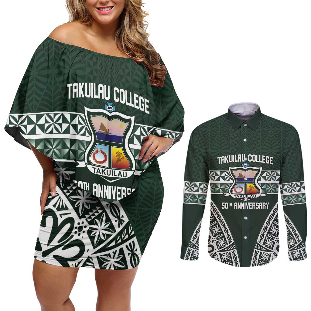 Personalised Tonga Takuilau College Couples Matching Off Shoulder Short Dress and Long Sleeve Button Shirt 50th Anniversary Ngatu Kupesi LT14 Green - Polynesian Pride