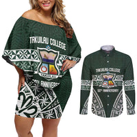 Personalised Tonga Takuilau College Couples Matching Off Shoulder Short Dress and Long Sleeve Button Shirt 50th Anniversary Ngatu Kupesi LT14 Green - Polynesian Pride