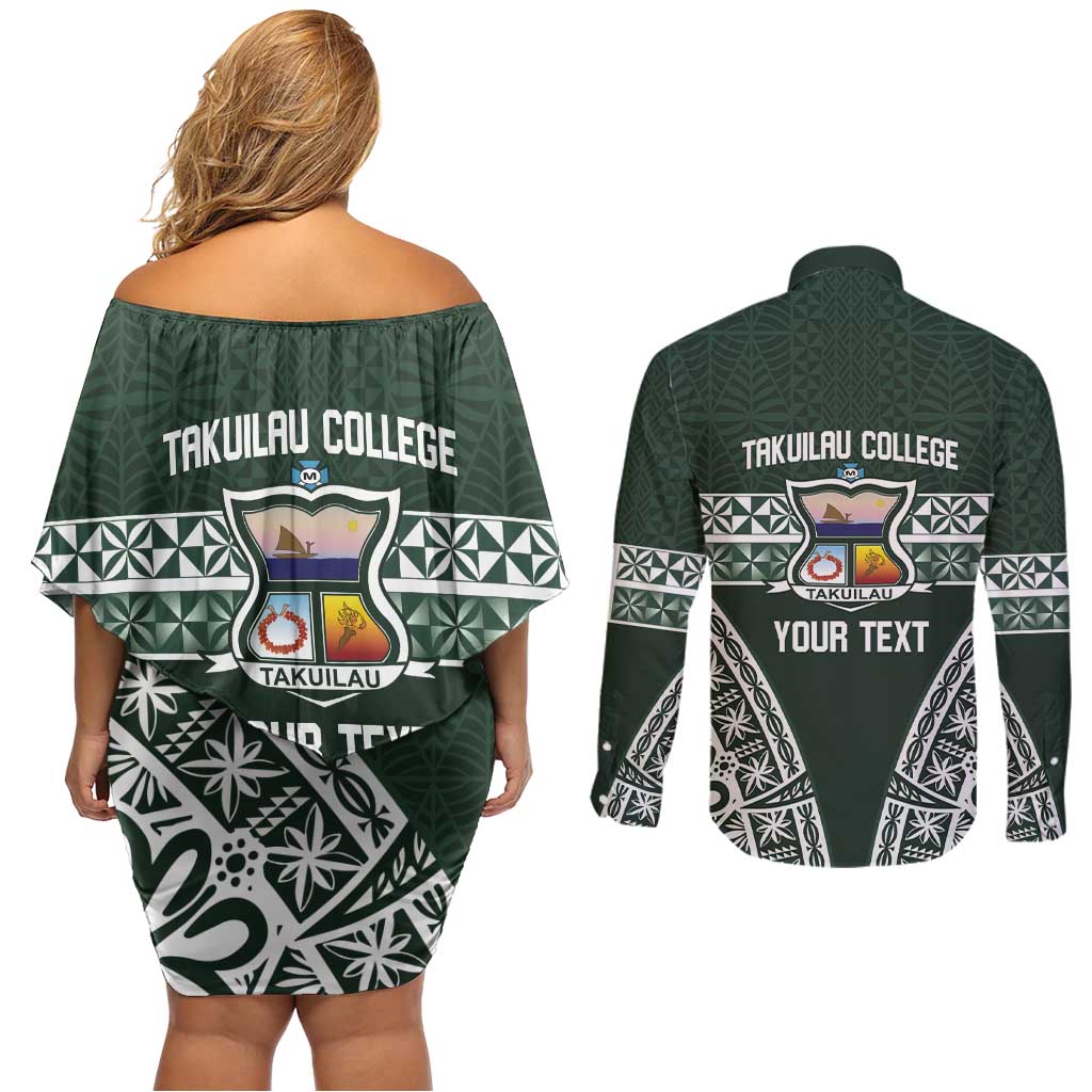 Personalised Tonga Takuilau College Couples Matching Off Shoulder Short Dress and Long Sleeve Button Shirt 50th Anniversary Ngatu Kupesi LT14 - Polynesian Pride