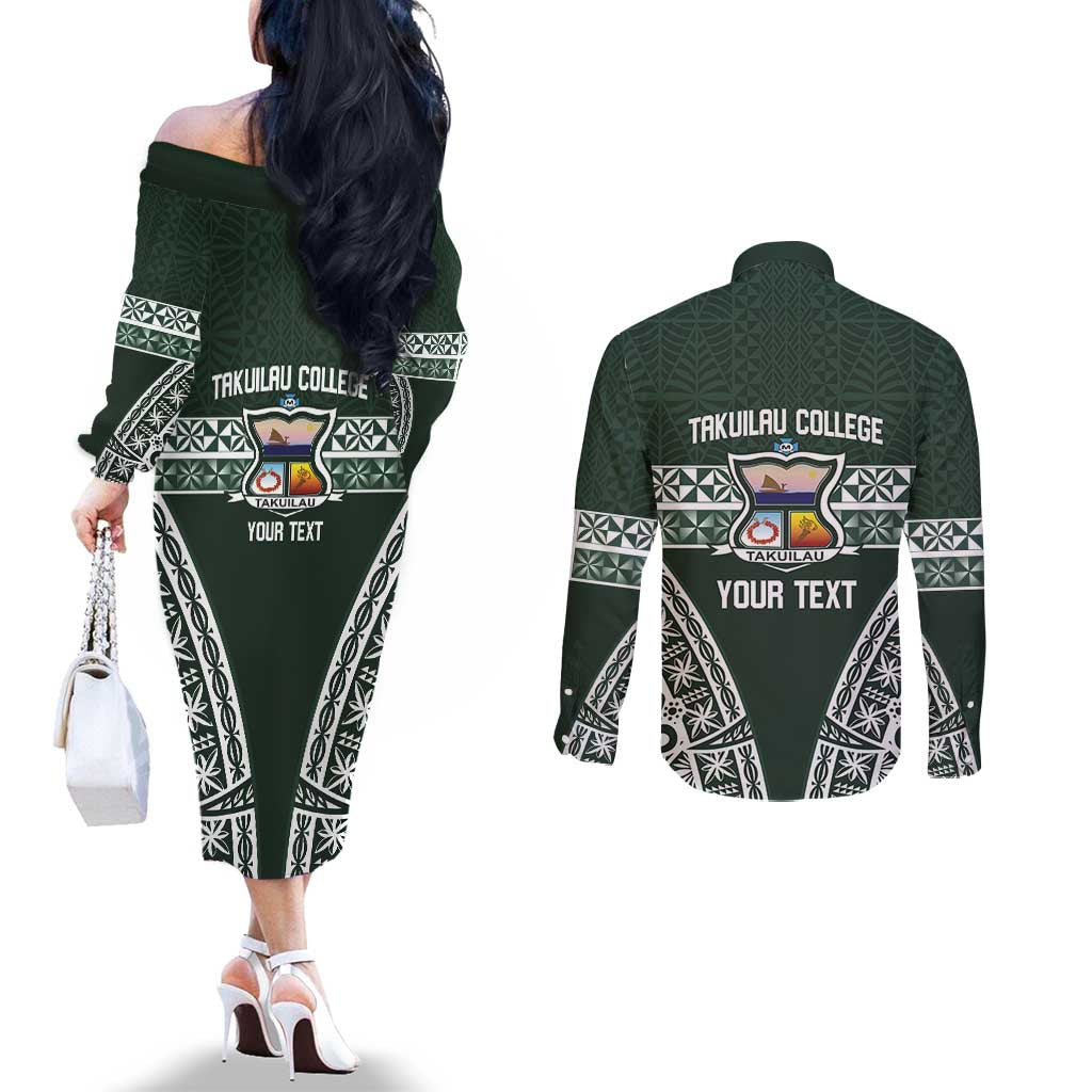 Personalised Tonga Takuilau College Couples Matching Off The Shoulder Long Sleeve Dress and Long Sleeve Button Shirt 50th Anniversary Ngatu Kupesi LT14 - Polynesian Pride