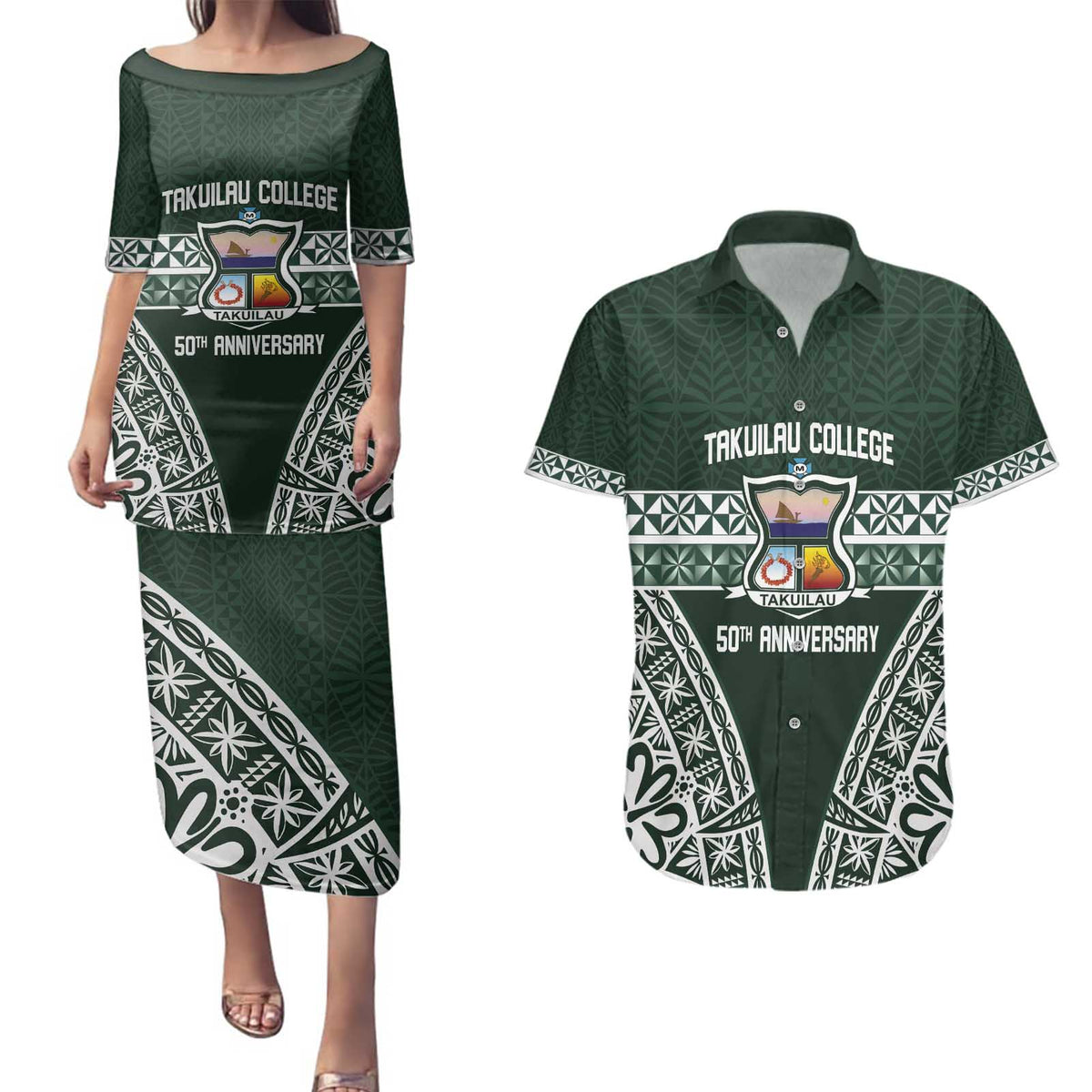 Personalised Tonga Takuilau College Couples Matching Puletasi and Hawaiian Shirt 50th Anniversary Ngatu Kupesi LT14 Green - Polynesian Pride