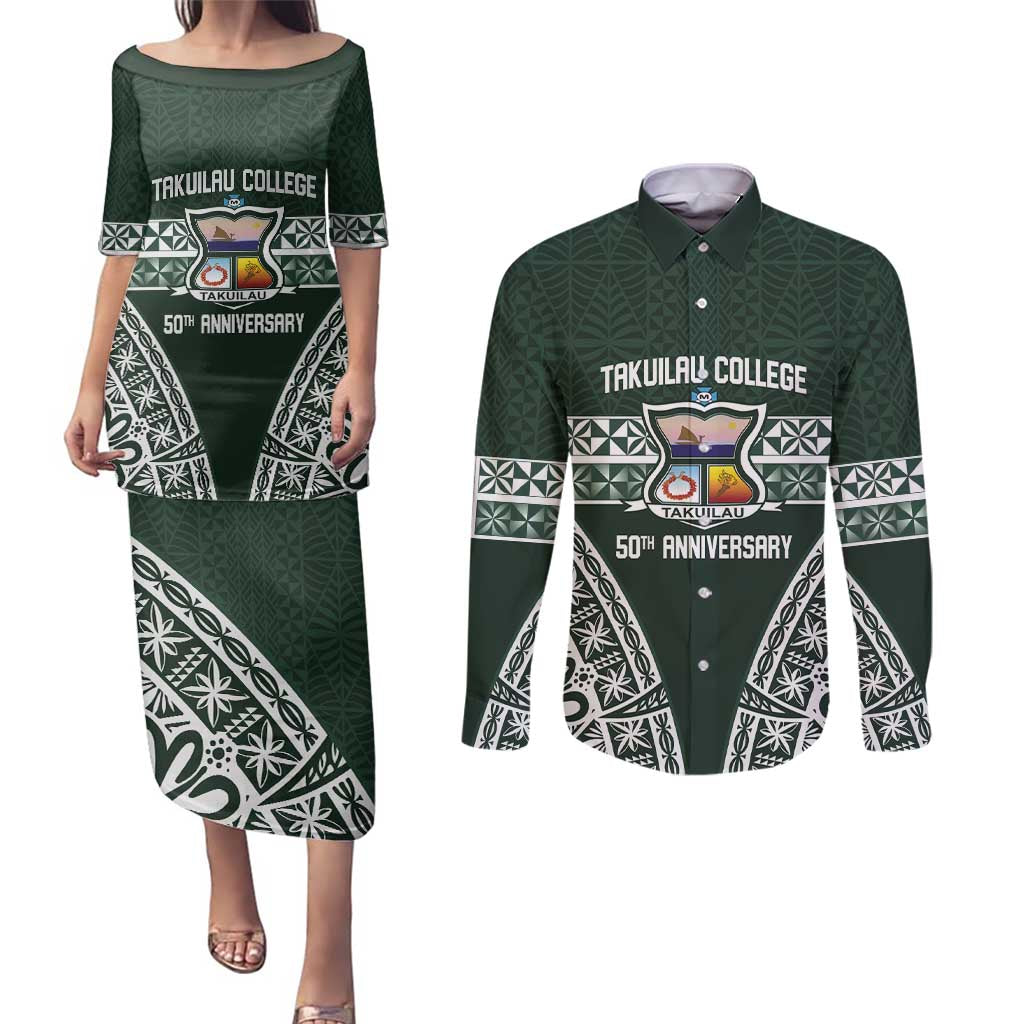 Personalised Tonga Takuilau College Couples Matching Puletasi and Long Sleeve Button Shirt 50th Anniversary Ngatu Kupesi LT14 Green - Polynesian Pride