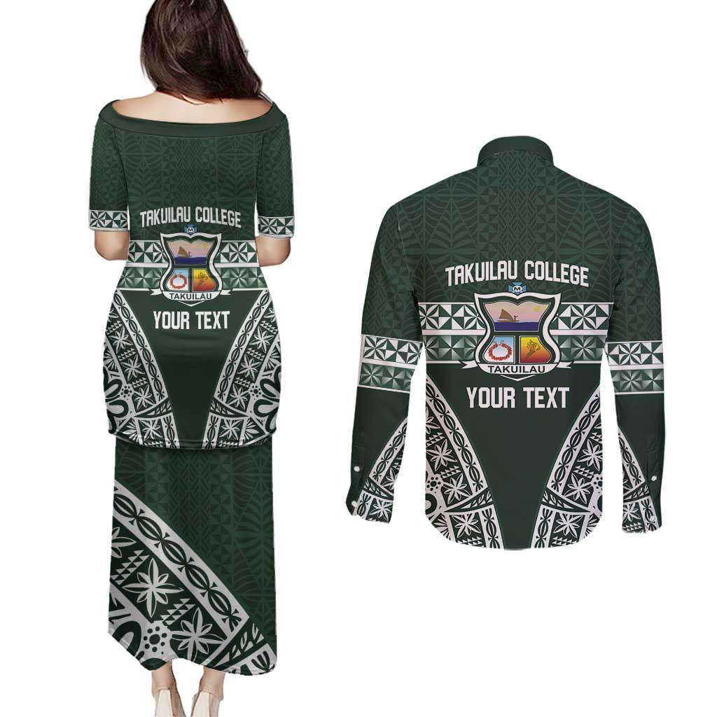 Personalised Tonga Takuilau College Couples Matching Puletasi and Long Sleeve Button Shirt 50th Anniversary Ngatu Kupesi LT14 - Polynesian Pride