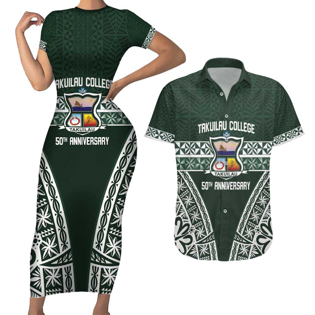 Personalised Tonga Takuilau College Couples Matching Short Sleeve Bodycon Dress and Hawaiian Shirt 50th Anniversary Ngatu Kupesi LT14 Green - Polynesian Pride