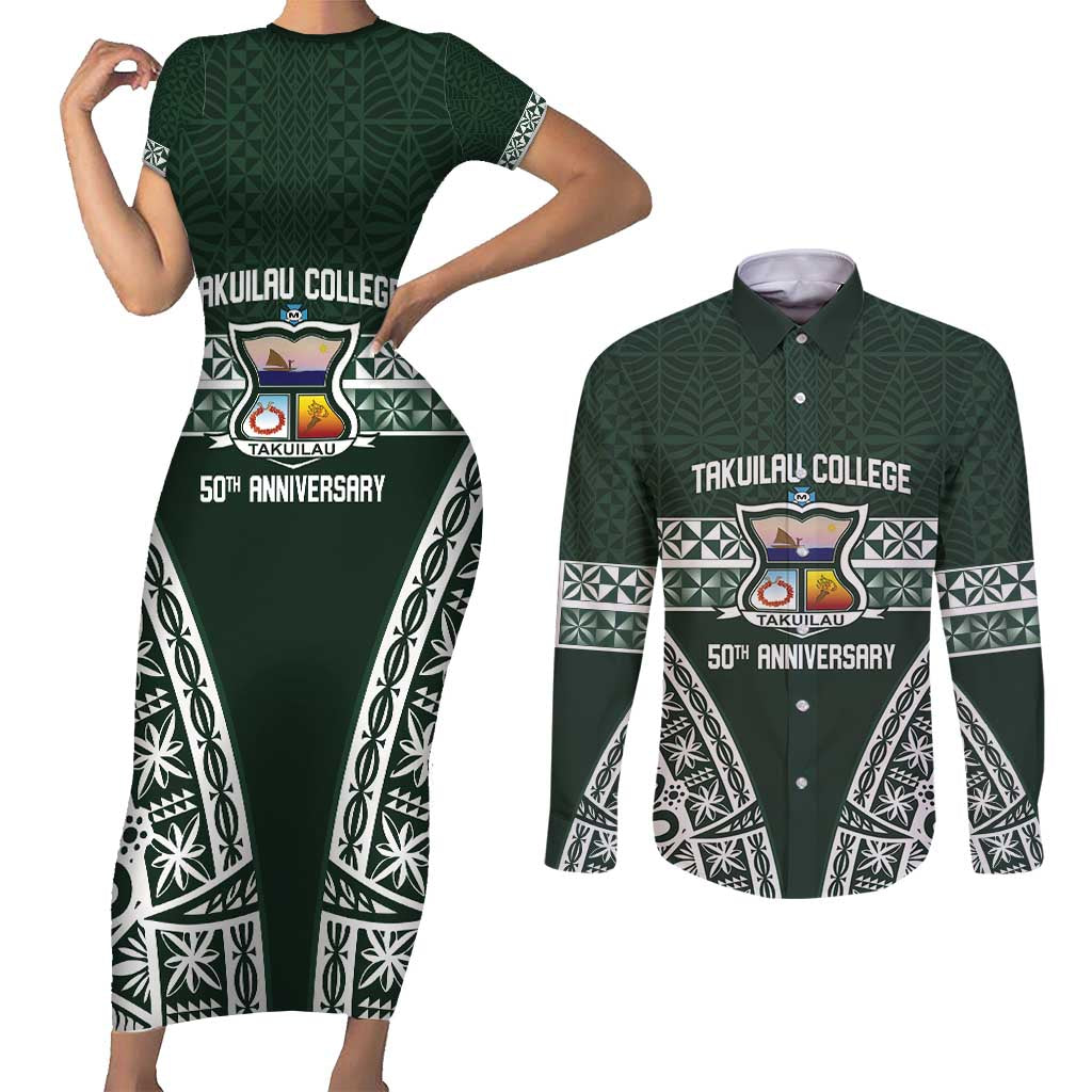 Personalised Tonga Takuilau College Couples Matching Short Sleeve Bodycon Dress and Long Sleeve Button Shirt 50th Anniversary Ngatu Kupesi LT14 Green - Polynesian Pride