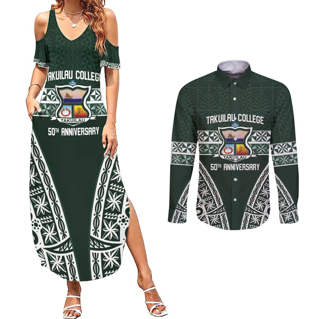 Personalised Tonga Takuilau College Couples Matching Summer Maxi Dress and Long Sleeve Button Shirt 50th Anniversary Ngatu Kupesi LT14 Green - Polynesian Pride