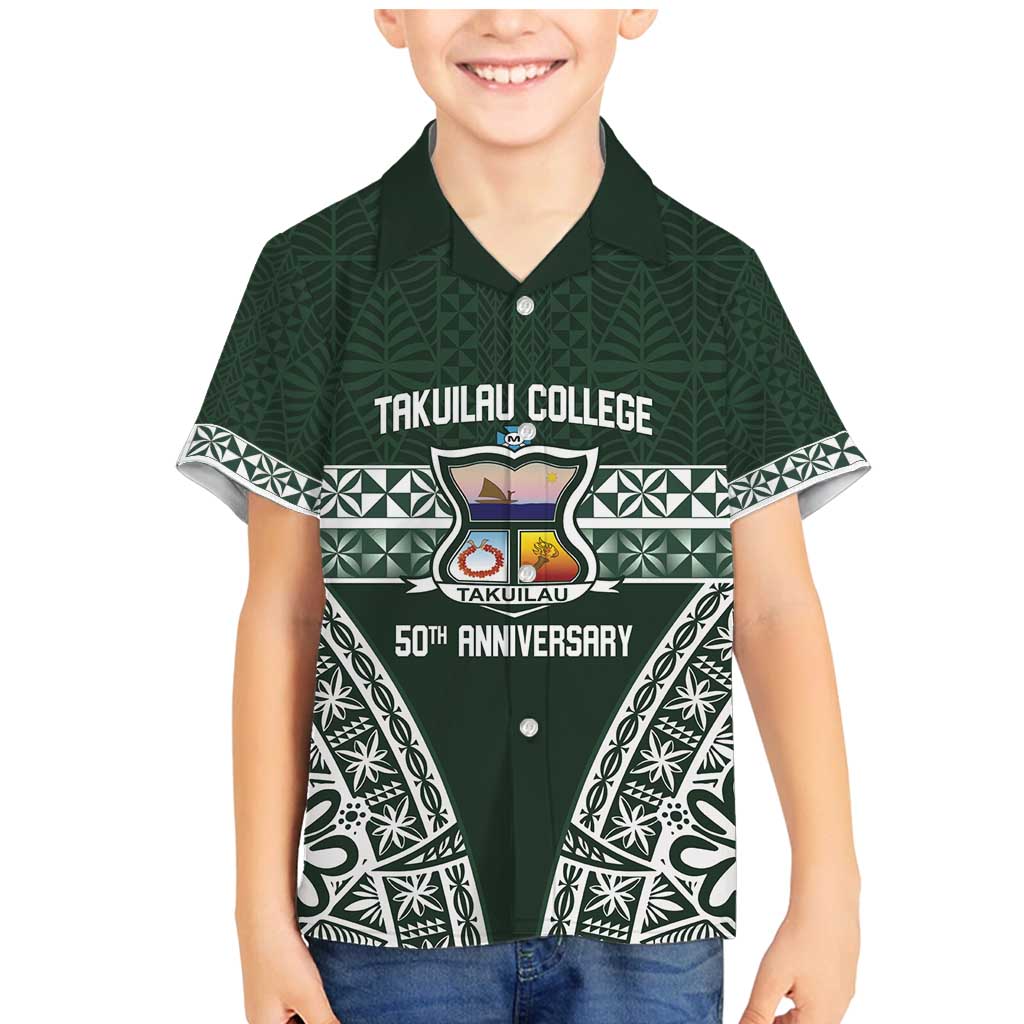 Personalised Tonga Takuilau College Family Matching Mermaid Dress and Hawaiian Shirt 50th Anniversary Ngatu Kupesi LT14 Son's Shirt Green - Polynesian Pride