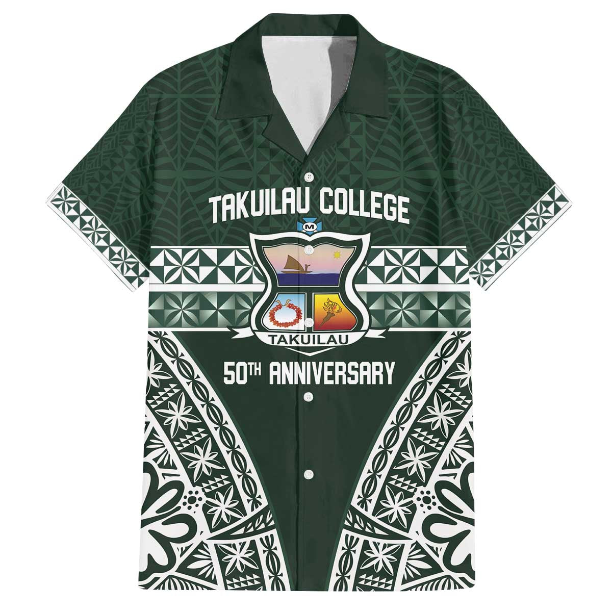 Personalised Tonga Takuilau College Family Matching Off The Shoulder Long Sleeve Dress and Hawaiian Shirt 50th Anniversary Ngatu Kupesi LT14 Dad's Shirt - Short Sleeve Green - Polynesian Pride