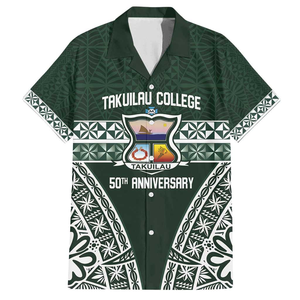 Personalised Tonga Takuilau College Family Matching Off Shoulder Maxi Dress and Hawaiian Shirt 50th Anniversary Ngatu Kupesi LT14 Dad's Shirt - Short Sleeve Green - Polynesian Pride