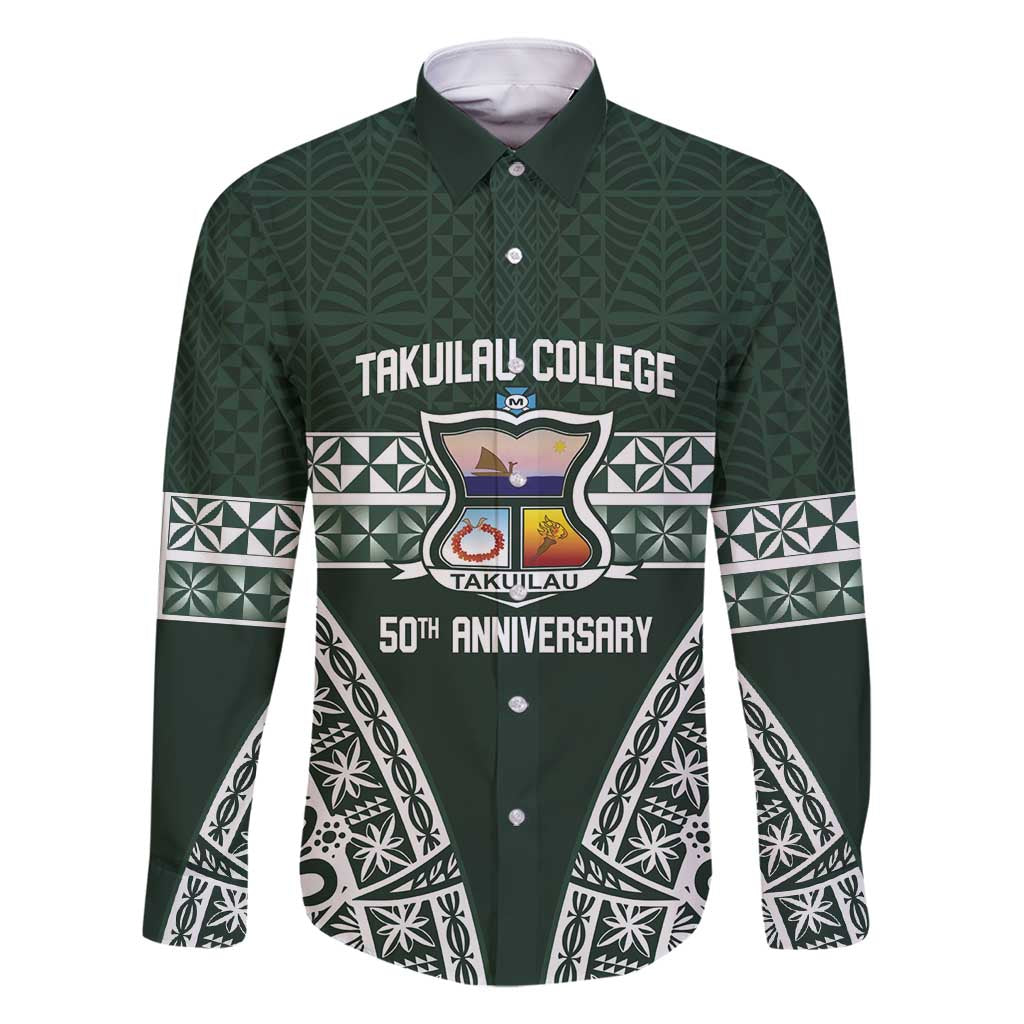 Personalised Tonga Takuilau College Family Matching Off Shoulder Maxi Dress and Hawaiian Shirt 50th Anniversary Ngatu Kupesi LT14 Dad's Shirt - Long Sleeve Green - Polynesian Pride