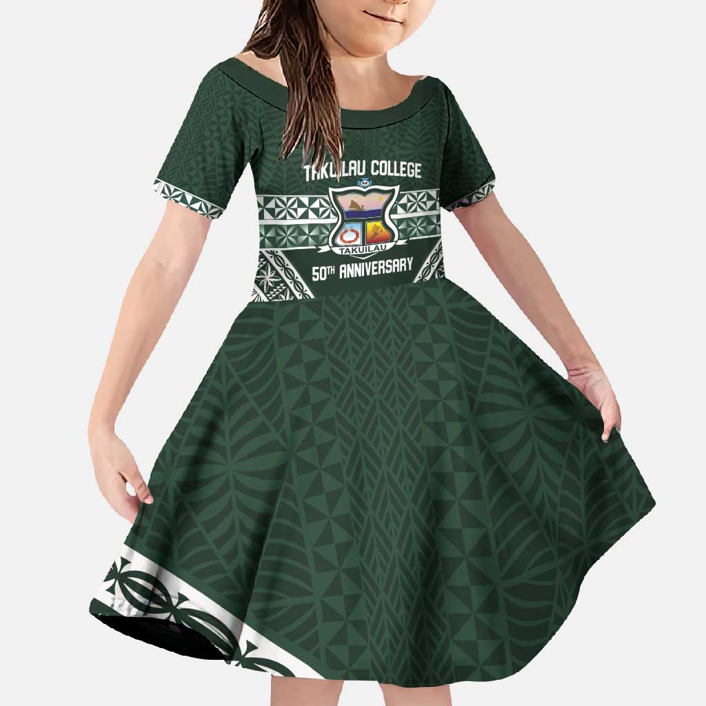Personalised Tonga Takuilau College Family Matching Short Sleeve Bodycon Dress and Hawaiian Shirt 50th Anniversary Ngatu Kupesi LT14 Daughter's Dress Green - Polynesian Pride