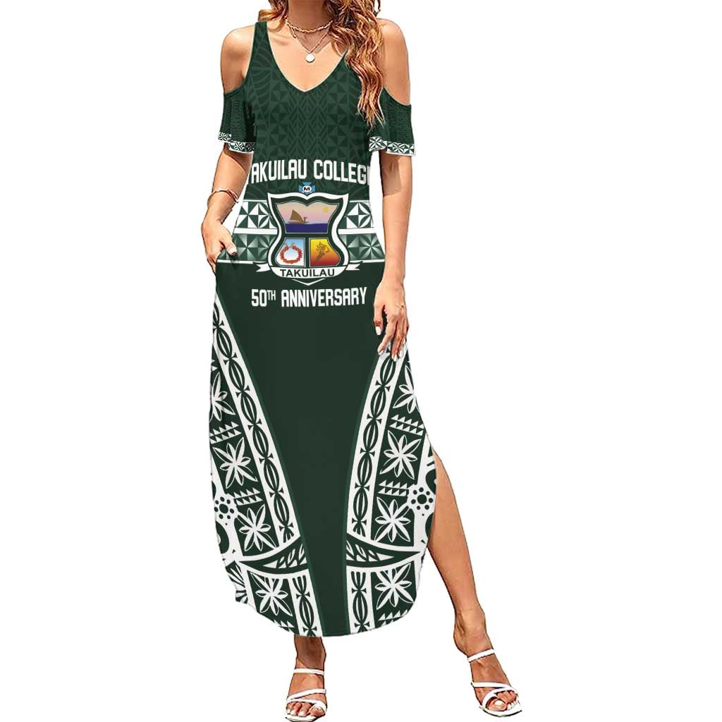 Personalised Tonga Takuilau College Family Matching Summer Maxi Dress and Hawaiian Shirt 50th Anniversary Ngatu Kupesi LT14 Mom's Dress Green - Polynesian Pride