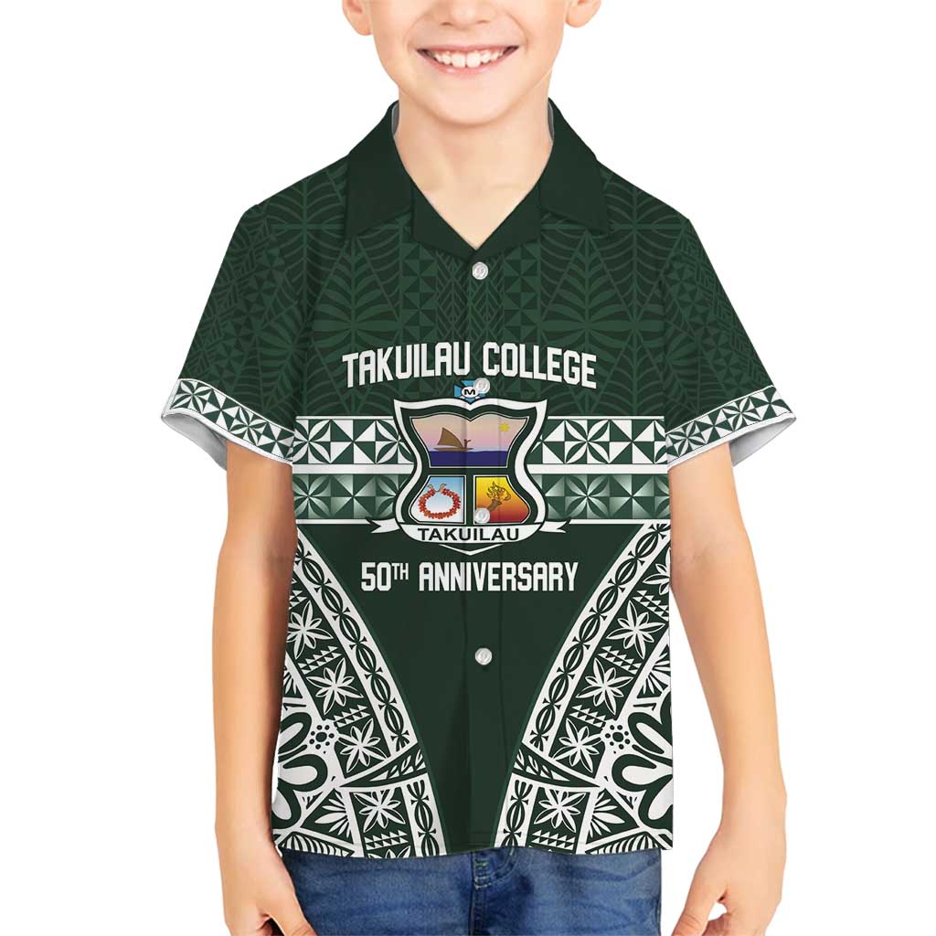 Personalised Tonga Takuilau College Family Matching Tank Maxi Dress and Hawaiian Shirt 50th Anniversary Ngatu Kupesi LT14 Son's Shirt Green - Polynesian Pride