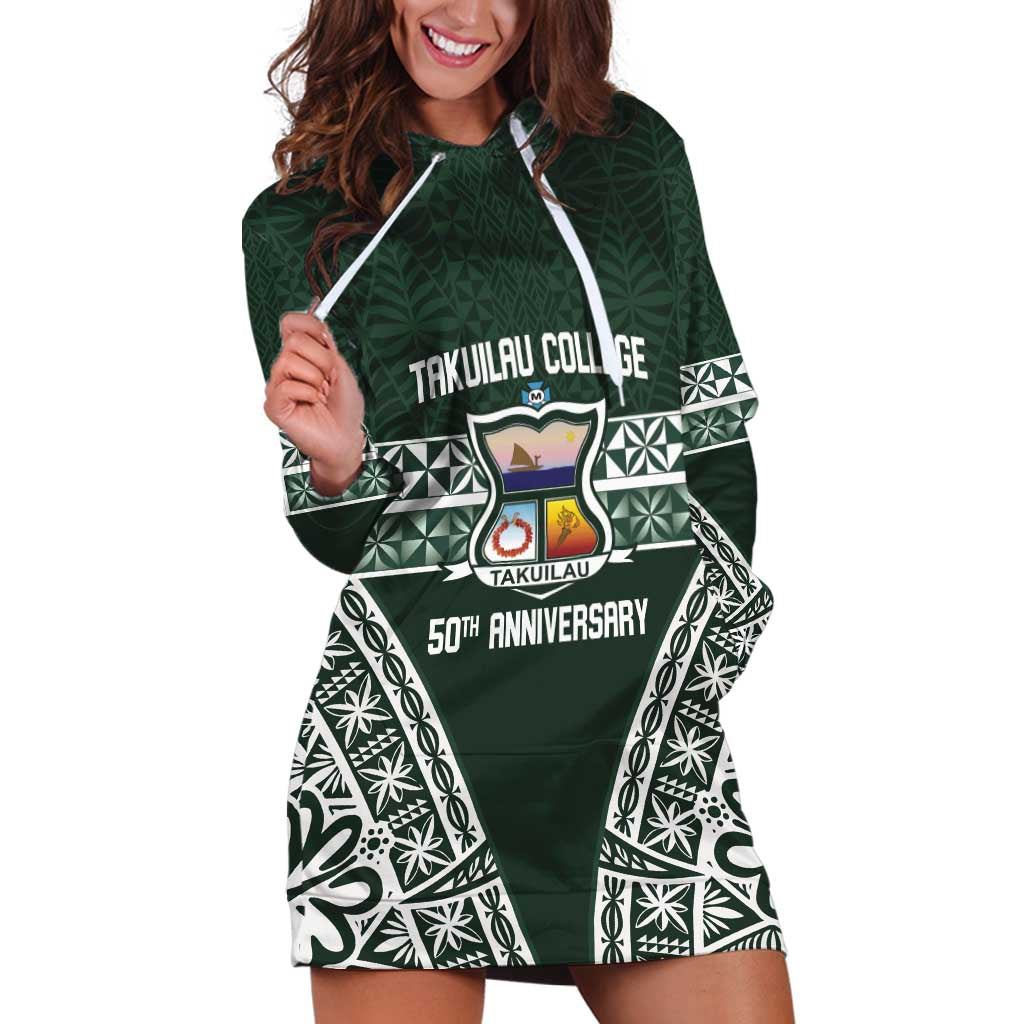 Personalised Tonga Takuilau College Hoodie Dress 50th Anniversary Ngatu Kupesi LT14 Green - Polynesian Pride