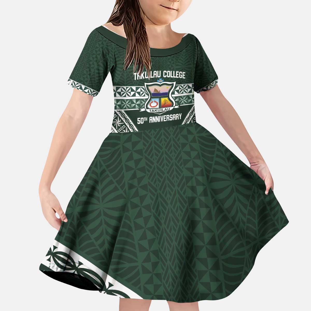 Personalised Tonga Takuilau College Kid Short Sleeve Dress 50th Anniversary Ngatu Kupesi LT14 KID Green - Polynesian Pride