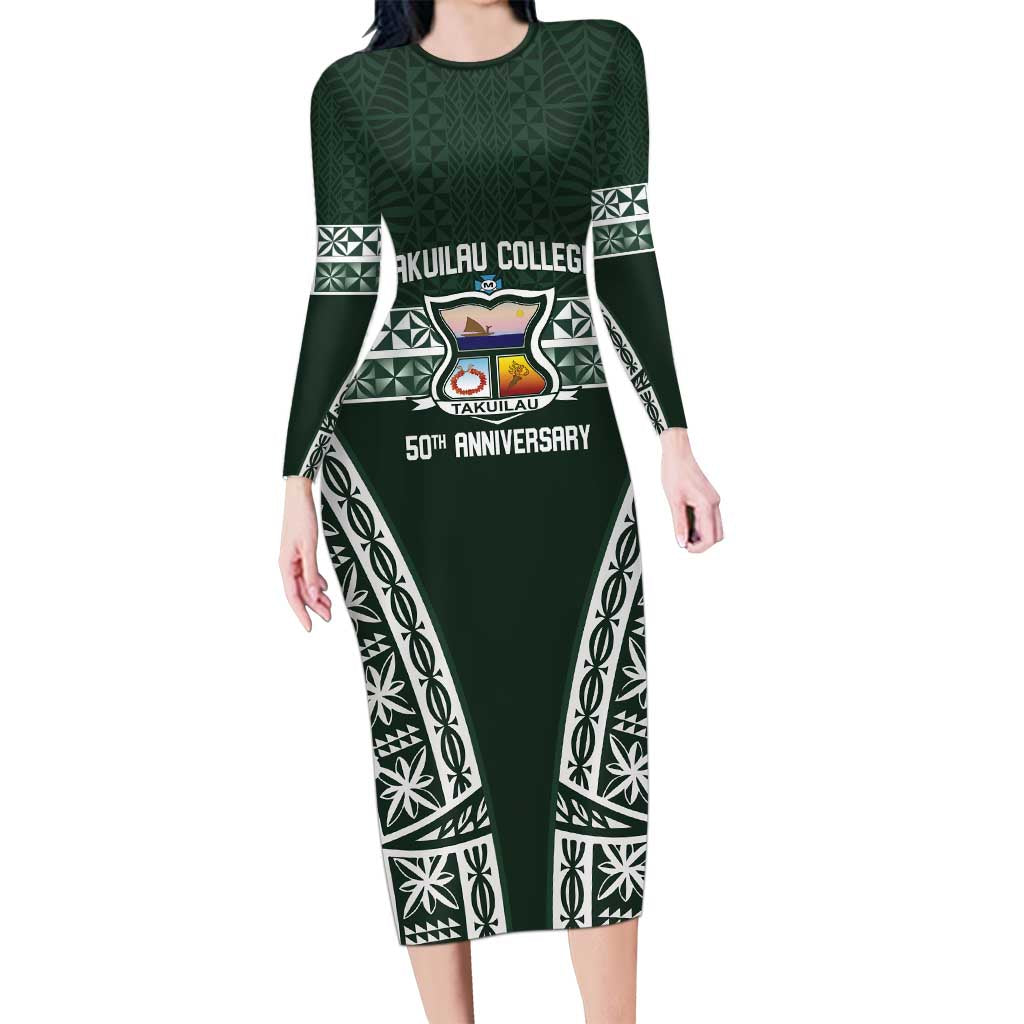 Personalised Tonga Takuilau College Long Sleeve Bodycon Dress 50th Anniversary Ngatu Kupesi LT14 Long Dress Green - Polynesian Pride
