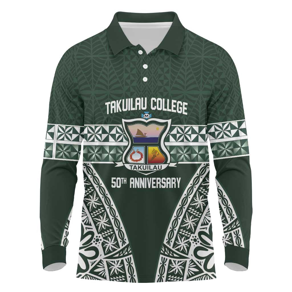 Personalised Tonga Takuilau College Long Sleeve Polo Shirt 50th Anniversary Ngatu Kupesi LT14 Green - Polynesian Pride