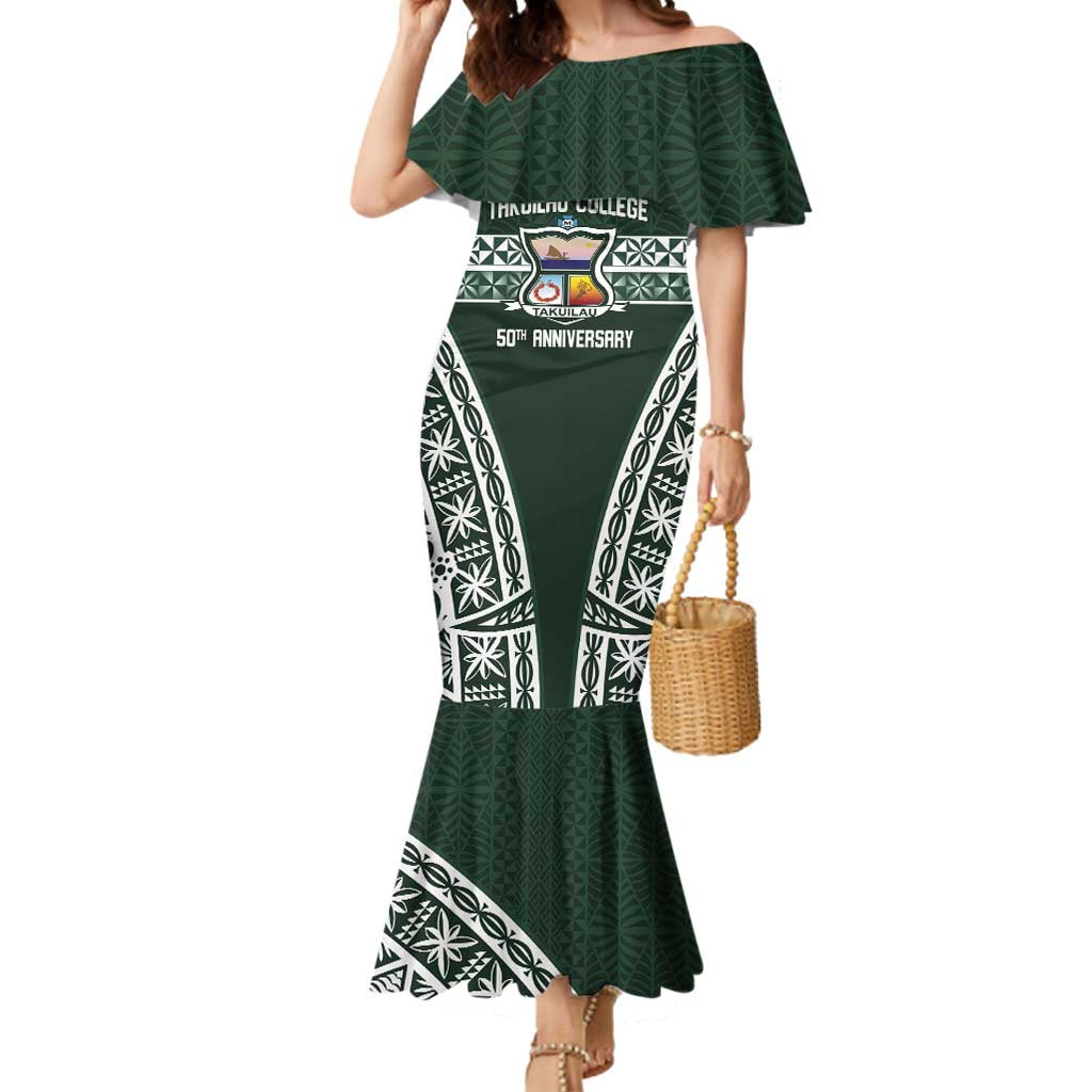 Personalised Tonga Takuilau College Mermaid Dress 50th Anniversary Ngatu Kupesi LT14 Women Green - Polynesian Pride