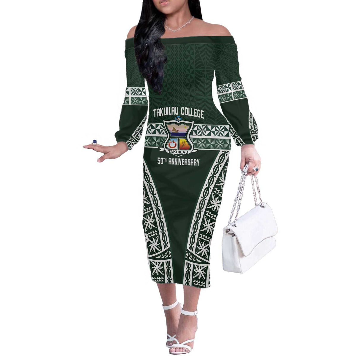 Personalised Tonga Takuilau College Off The Shoulder Long Sleeve Dress 50th Anniversary Ngatu Kupesi LT14 Women Green - Polynesian Pride