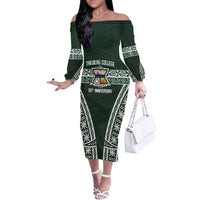 Personalised Tonga Takuilau College Off The Shoulder Long Sleeve Dress 50th Anniversary Ngatu Kupesi LT14 Women Green - Polynesian Pride