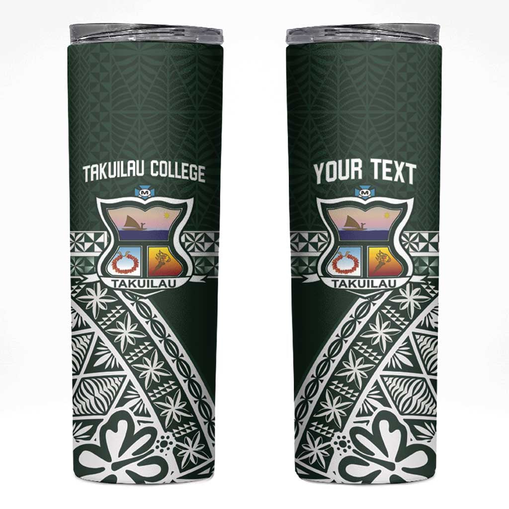 Personalised Tonga Takuilau College Skinny Tumbler 50th Anniversary Ngatu Kupesi LT14 Green - Polynesian Pride