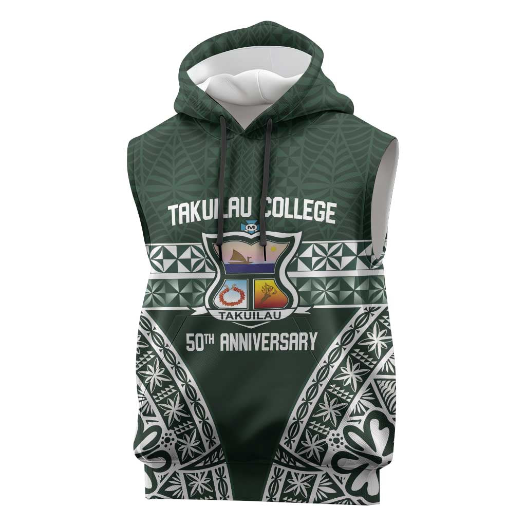 Personalised Tonga Takuilau College Sleeveless Hoodie 50th Anniversary Ngatu Kupesi LT14 Green - Polynesian Pride