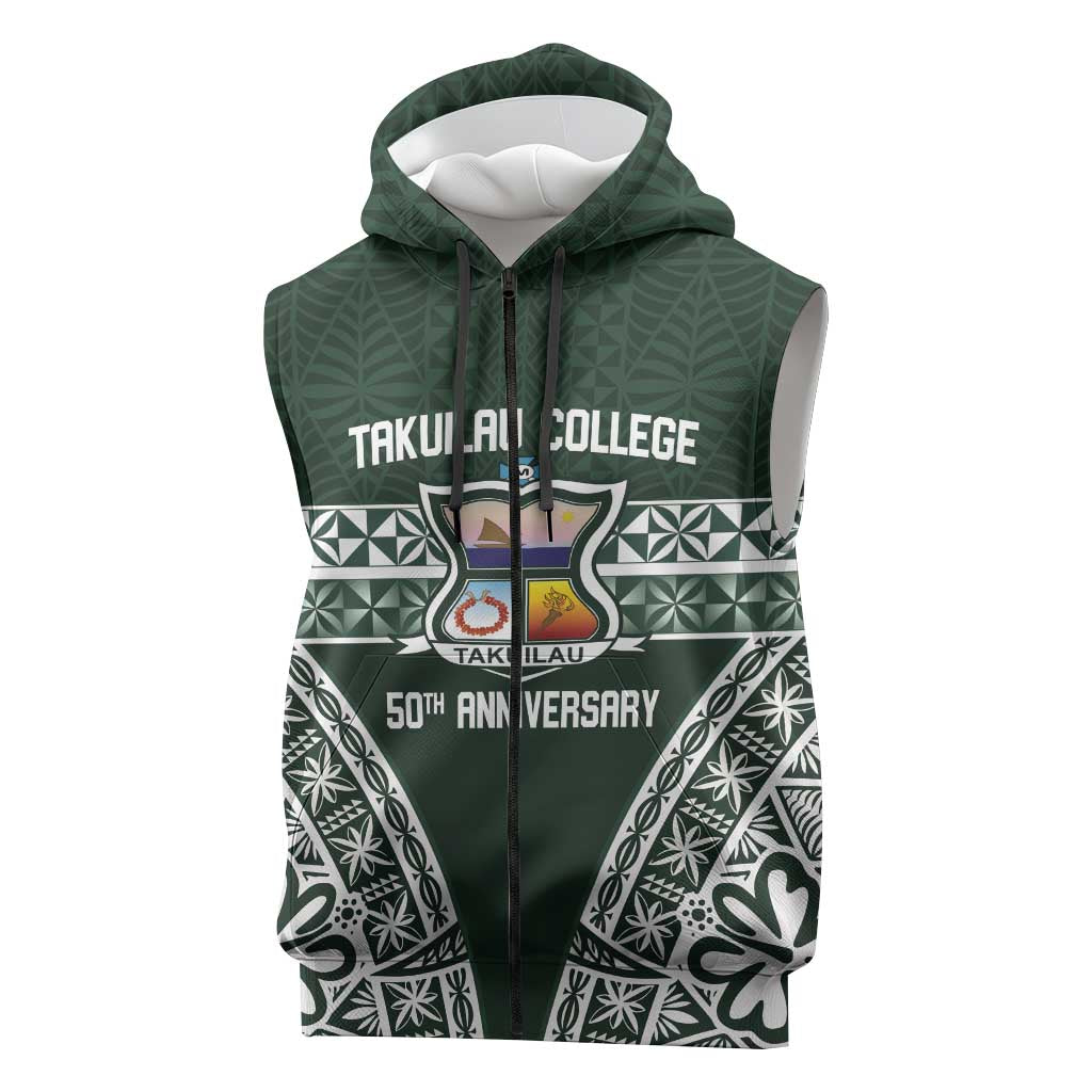 Personalised Tonga Takuilau College Sleeveless Zip Hoodie 50th Anniversary Ngatu Kupesi LT14 Green - Polynesian Pride