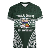 Personalised Tonga Takuilau College Women V-Neck T-Shirt 50th Anniversary Ngatu Kupesi LT14 Female Green - Polynesian Pride