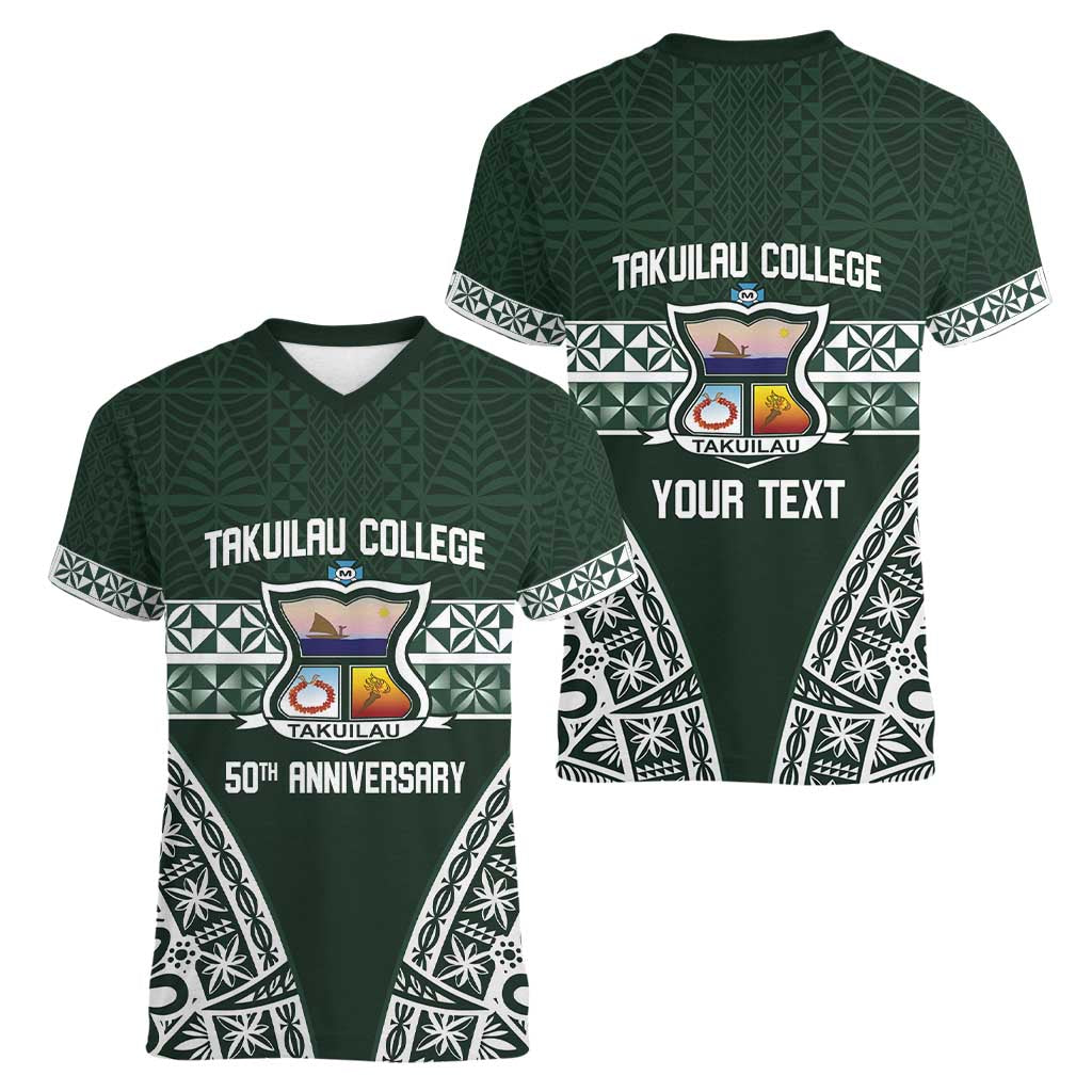 Personalised Tonga Takuilau College Women V-Neck T-Shirt 50th Anniversary Ngatu Kupesi LT14 - Polynesian Pride