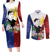 Philippines Rizal Day Couples Matching Long Sleeve Bodycon Dress and Long Sleeve Button Shirt Filipino Sampaguita Grunge Style LT14 Blue - Polynesian Pride