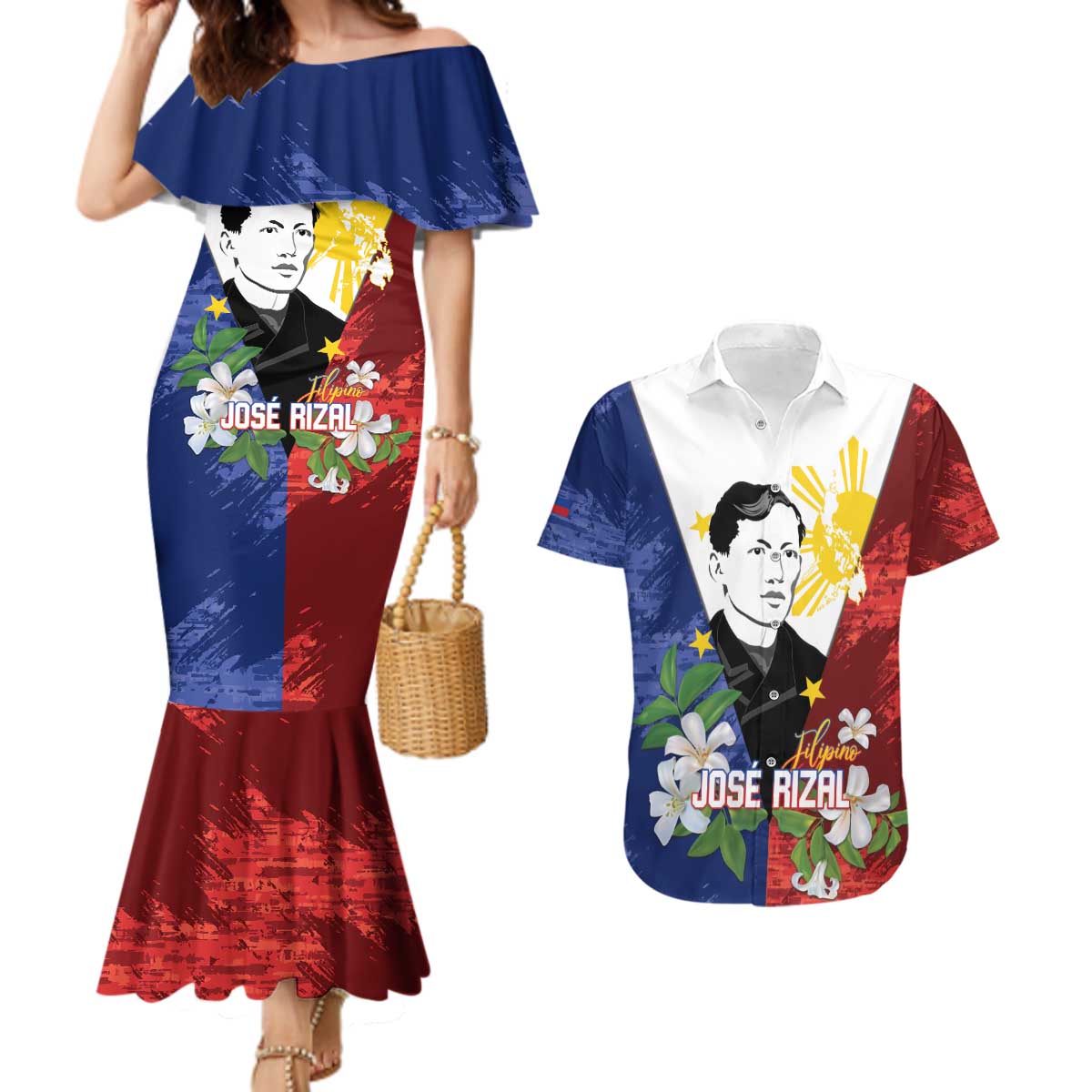 Philippines Rizal Day Couples Matching Mermaid Dress and Hawaiian Shirt Filipino Sampaguita Grunge Style - Polynesian Pride
