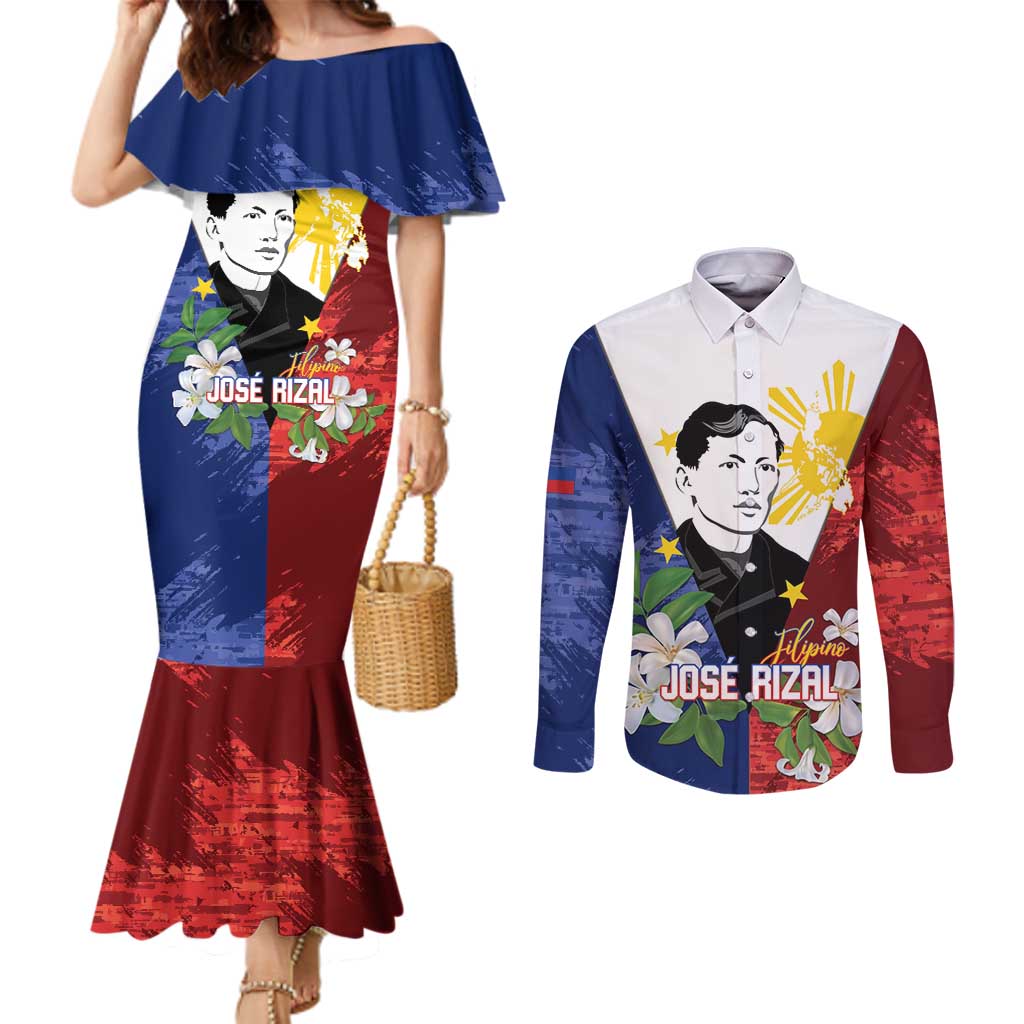 Philippines Rizal Day Couples Matching Mermaid Dress and Long Sleeve Button Shirt Filipino Sampaguita Grunge Style LT14 Blue - Polynesian Pride
