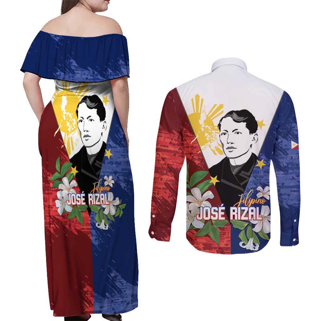 Philippines Rizal Day Couples Matching Off Shoulder Maxi Dress and Long Sleeve Button Shirt Filipino Sampaguita Grunge Style LT14 - Polynesian Pride