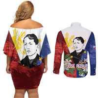 Philippines Rizal Day Couples Matching Off Shoulder Short Dress and Long Sleeve Button Shirt Filipino Sampaguita Grunge Style LT14 - Polynesian Pride