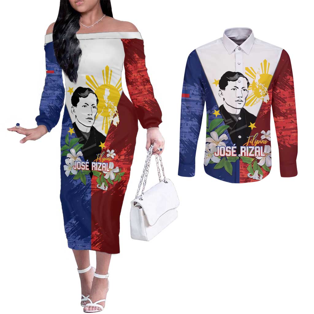 Philippines Rizal Day Couples Matching Off The Shoulder Long Sleeve Dress and Long Sleeve Button Shirt Filipino Sampaguita Grunge Style LT14 Blue - Polynesian Pride