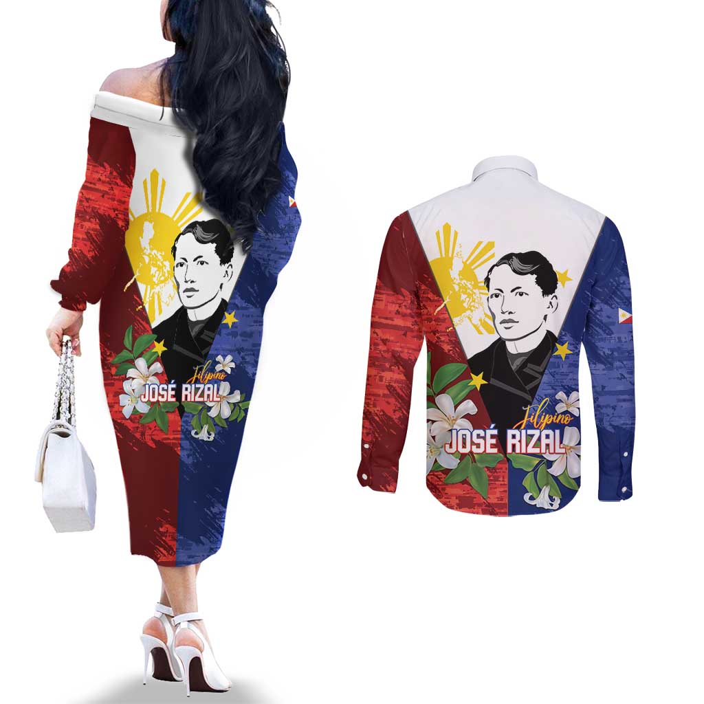 Philippines Rizal Day Couples Matching Off The Shoulder Long Sleeve Dress and Long Sleeve Button Shirt Filipino Sampaguita Grunge Style LT14 - Polynesian Pride