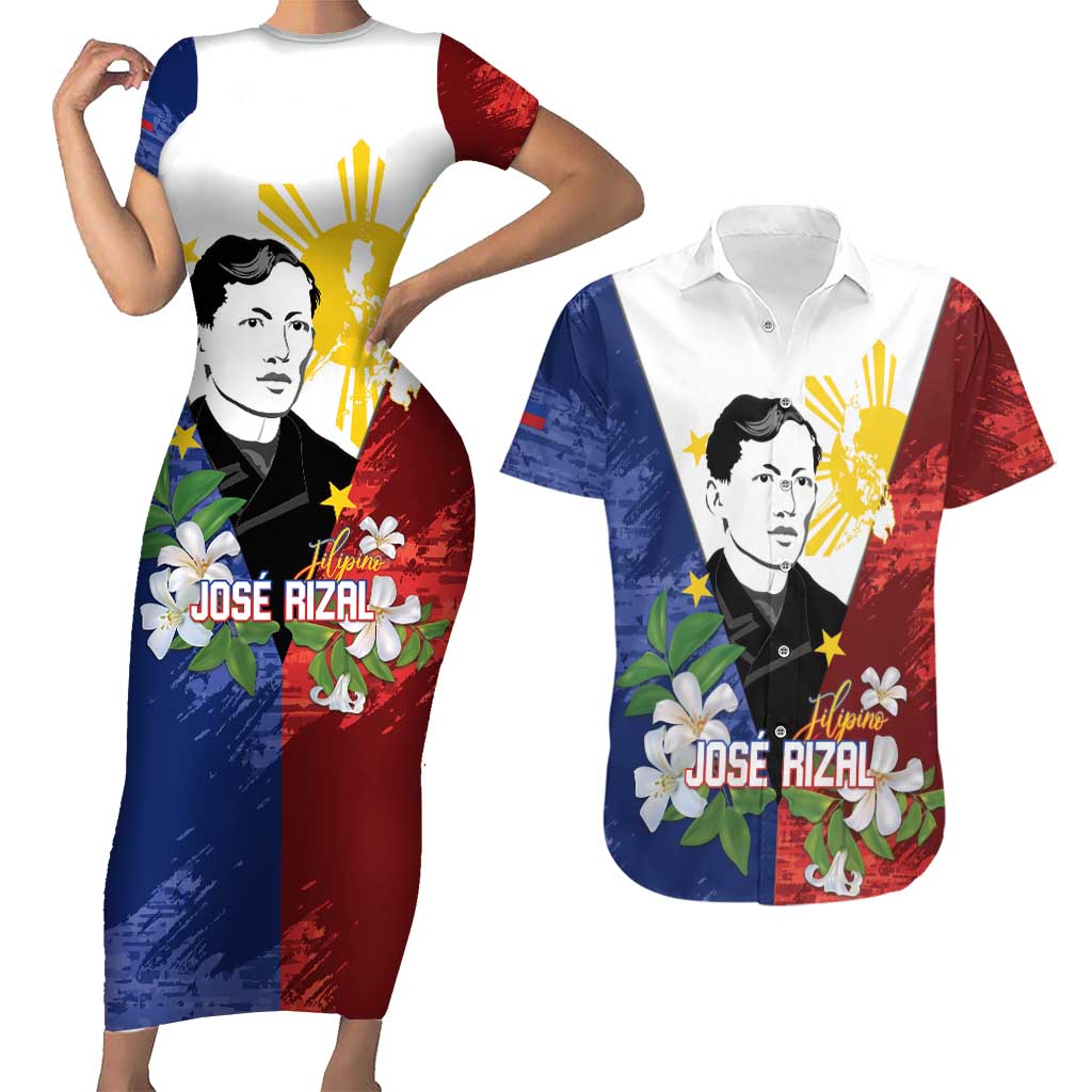 Philippines Rizal Day Couples Matching Short Sleeve Bodycon Dress and Hawaiian Shirt Filipino Sampaguita Grunge Style LT14 Blue - Polynesian Pride
