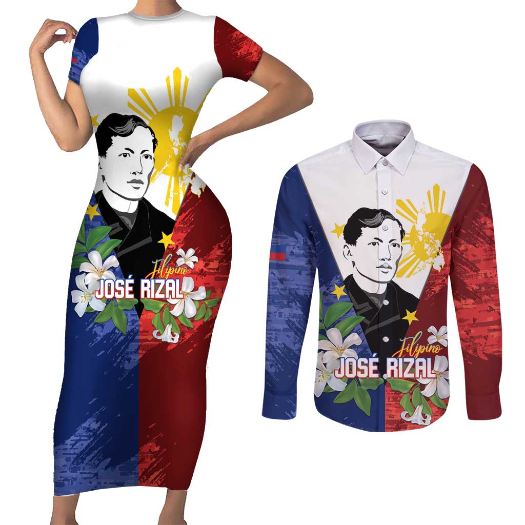 Philippines Rizal Day Couples Matching Short Sleeve Bodycon Dress and Long Sleeve Button Shirt Filipino Sampaguita Grunge Style LT14 Blue - Polynesian Pride