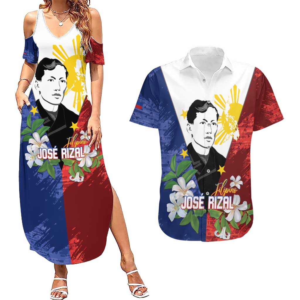 Philippines Rizal Day Couples Matching Summer Maxi Dress and Hawaiian Shirt Filipino Sampaguita Grunge Style LT14 Blue - Polynesian Pride