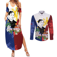 Philippines Rizal Day Couples Matching Summer Maxi Dress and Long Sleeve Button Shirt Filipino Sampaguita Grunge Style LT14 Blue - Polynesian Pride
