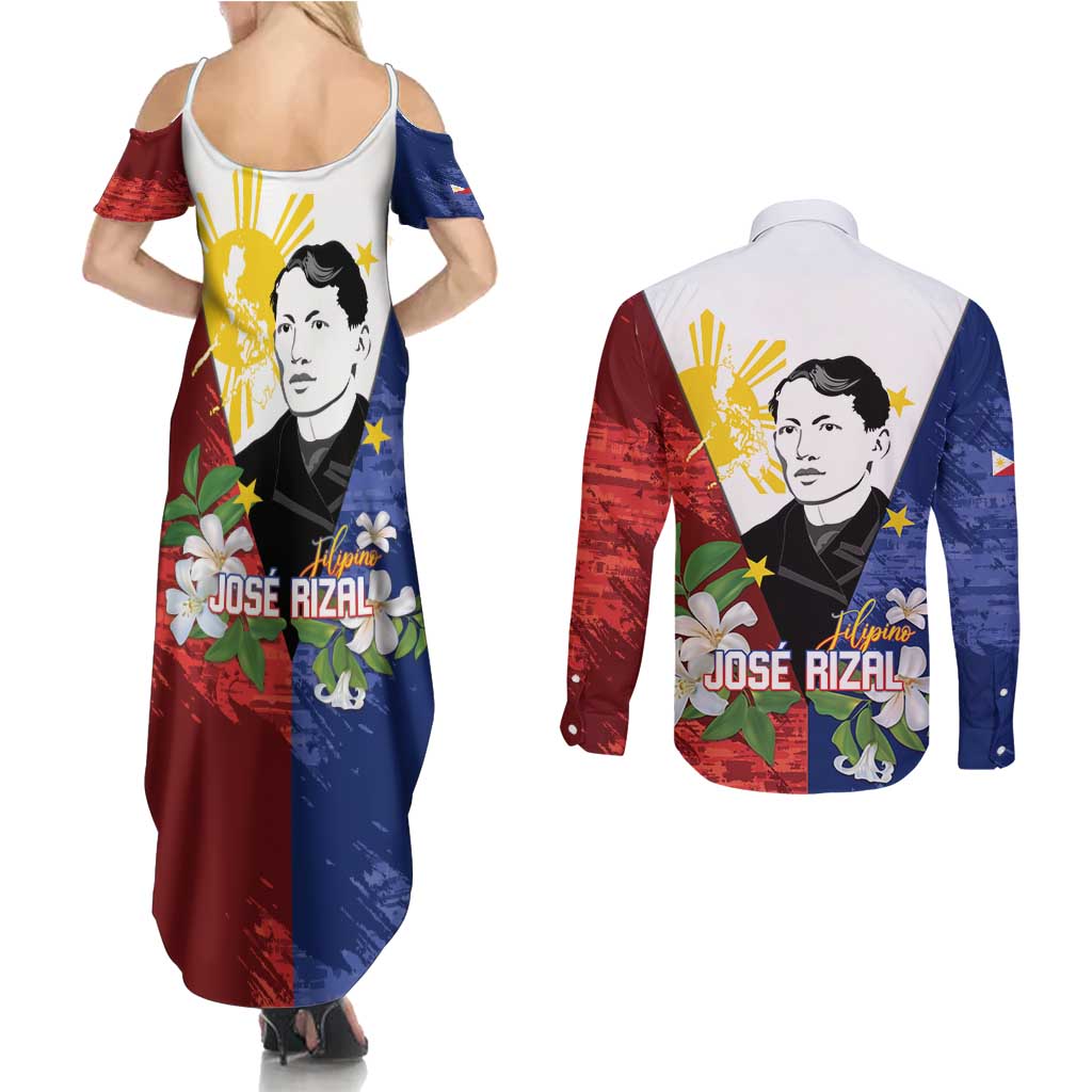 Philippines Rizal Day Couples Matching Summer Maxi Dress and Long Sleeve Button Shirt Filipino Sampaguita Grunge Style LT14 - Polynesian Pride