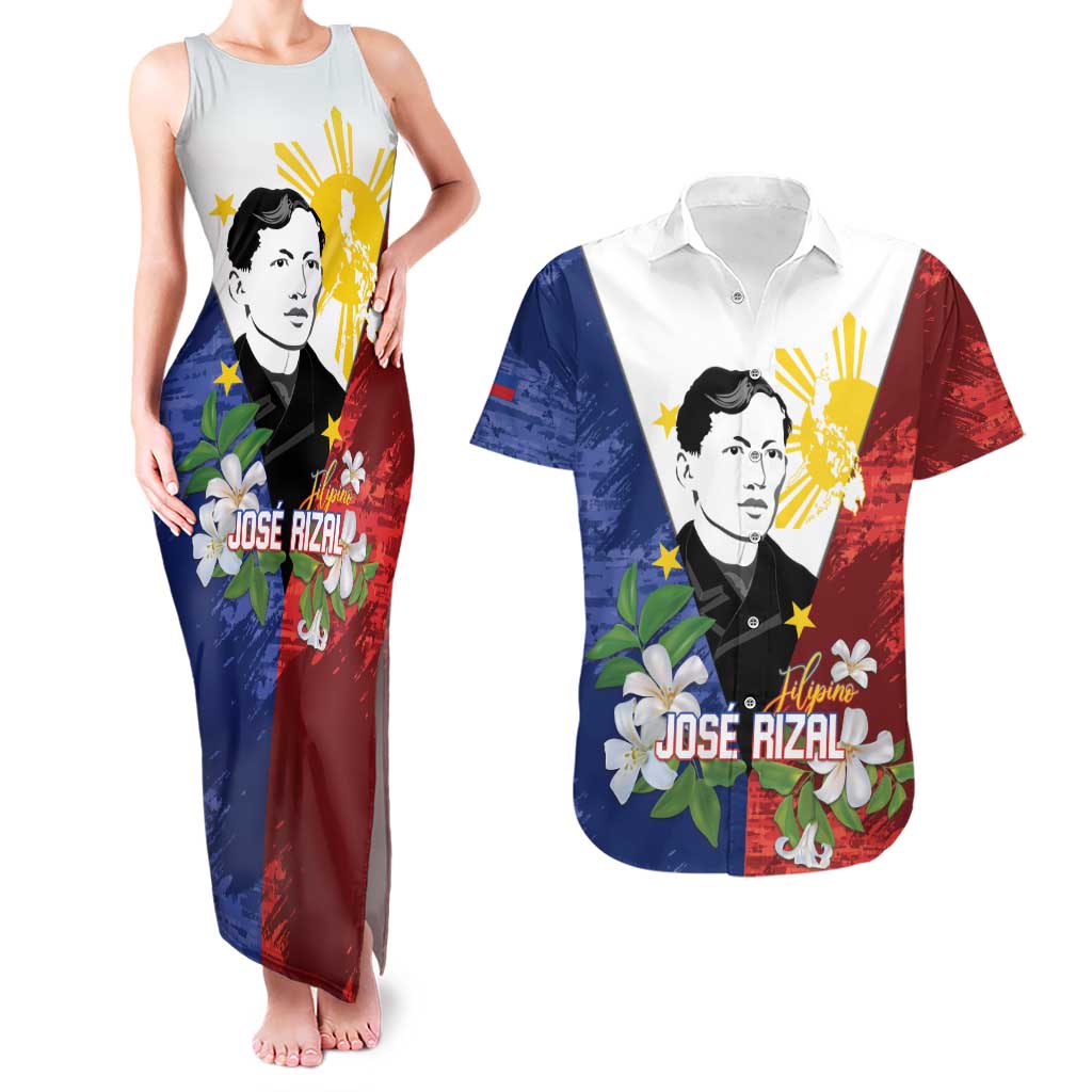 Philippines Rizal Day Couples Matching Tank Maxi Dress and Hawaiian Shirt Filipino Sampaguita Grunge Style LT14 Blue - Polynesian Pride