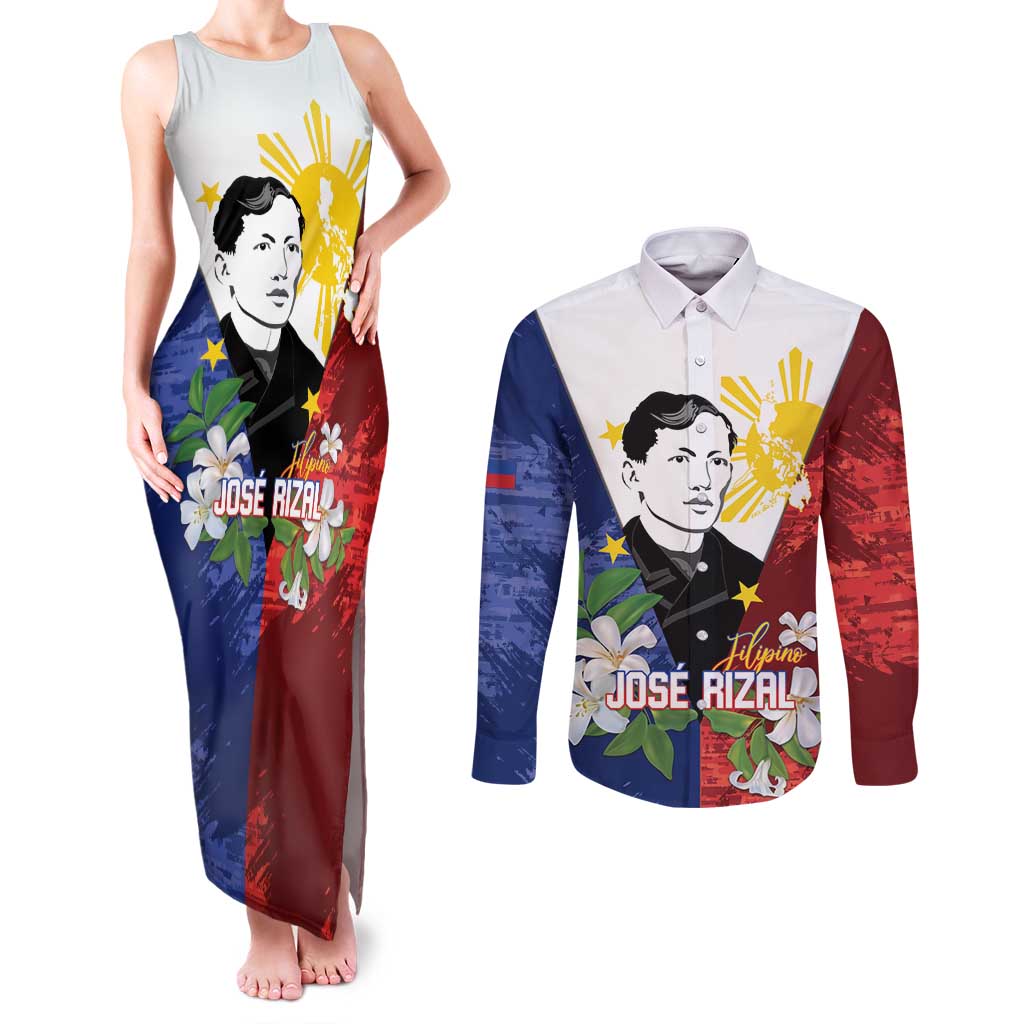 Philippines Rizal Day Couples Matching Tank Maxi Dress and Long Sleeve Button Shirt Filipino Sampaguita Grunge Style LT14 Blue - Polynesian Pride