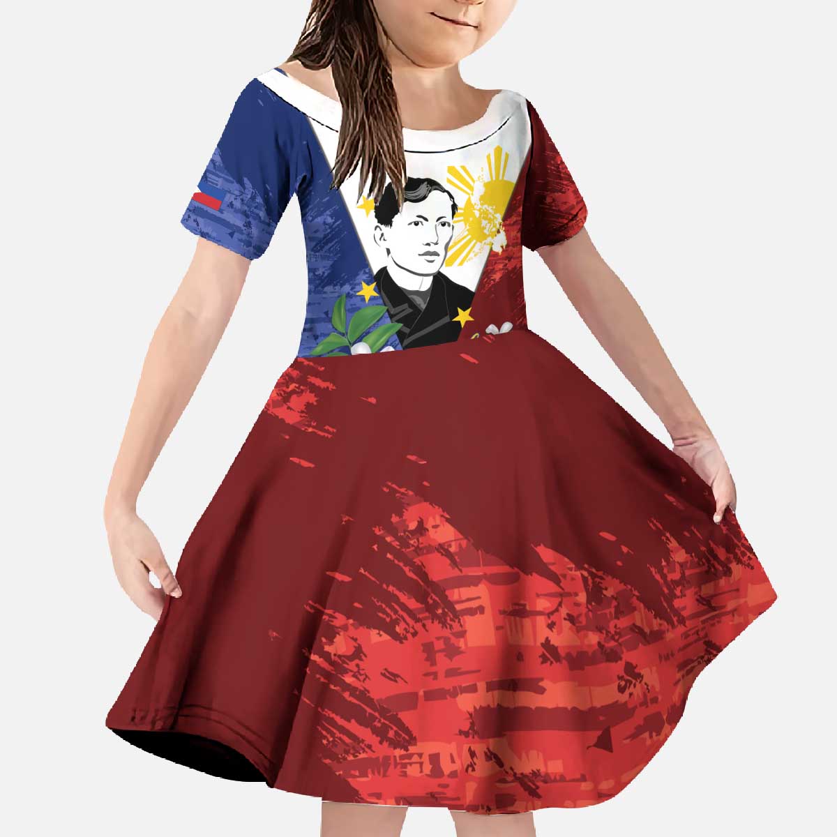 Philippines Rizal Day Family Matching Off The Shoulder Long Sleeve Dress and Hawaiian Shirt Filipino Sampaguita Grunge Style LT14 Daughter's Dress Blue - Polynesian Pride