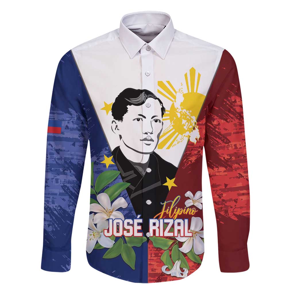 Philippines Rizal Day Family Matching Off Shoulder Maxi Dress and Hawaiian Shirt Filipino Sampaguita Grunge Style LT14 Dad's Shirt - Long Sleeve Blue - Polynesian Pride