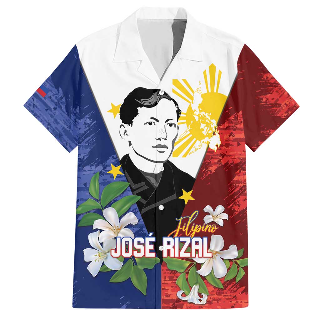 Philippines Rizal Day Family Matching Short Sleeve Bodycon Dress and Hawaiian Shirt Filipino Sampaguita Grunge Style LT14 Dad's Shirt - Short Sleeve Blue - Polynesian Pride
