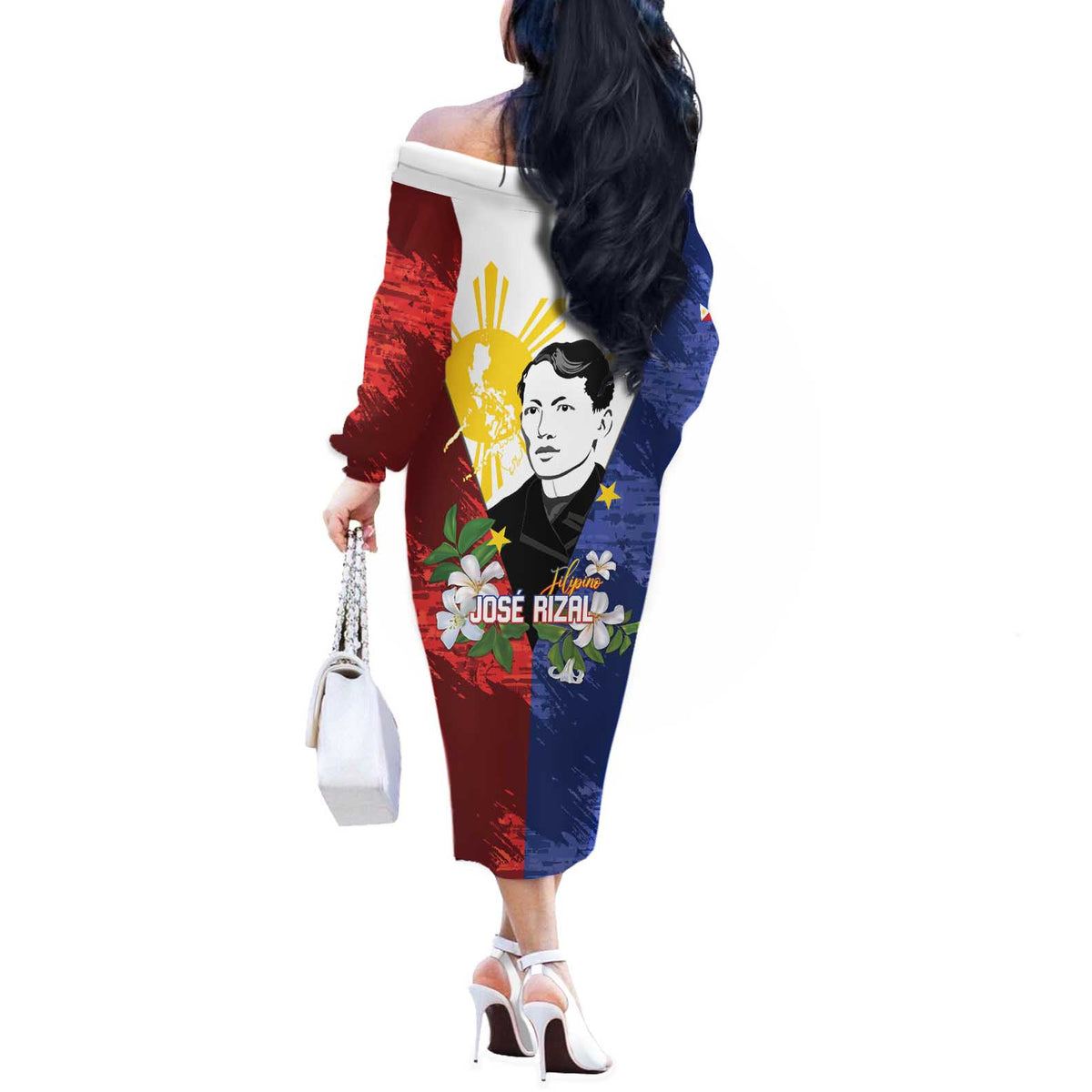 Philippines Rizal Day Off The Shoulder Long Sleeve Dress Filipino Sampaguita Grunge Style - Polynesian Pride
