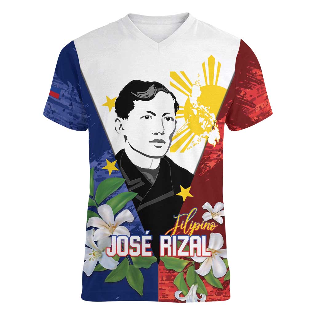 Philippines Rizal Day Women V-Neck T-Shirt Filipino Sampaguita Grunge Style LT14 Female Blue - Polynesian Pride